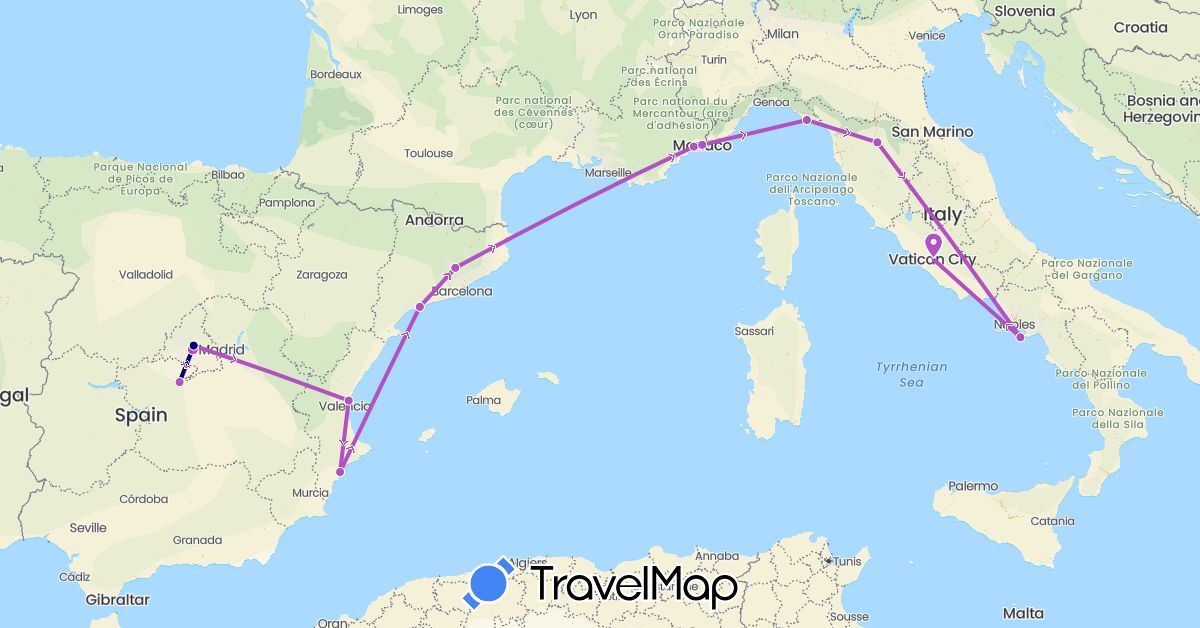 TravelMap itinerary: driving, train in Spain, France, Italy, Monaco (Europe)
